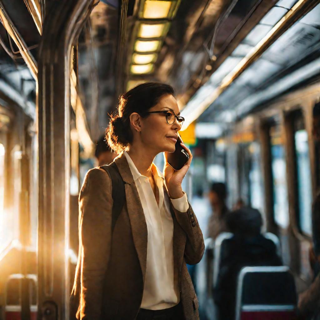 Женщина вежливо разговаривает по телефону в переполненном вагоне метро в час пик. Вокруг спешащие на работу люди.