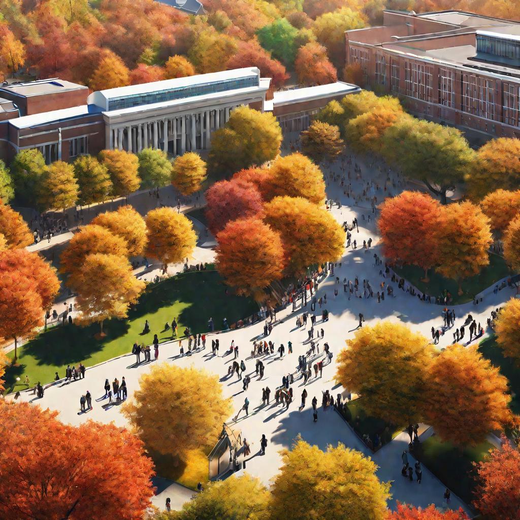 Вид сверху на оживленный студенческий городок университета в солнечный день осени. Студенты идут по аллеям, сидят на скамейках, торопятся на занятия.
