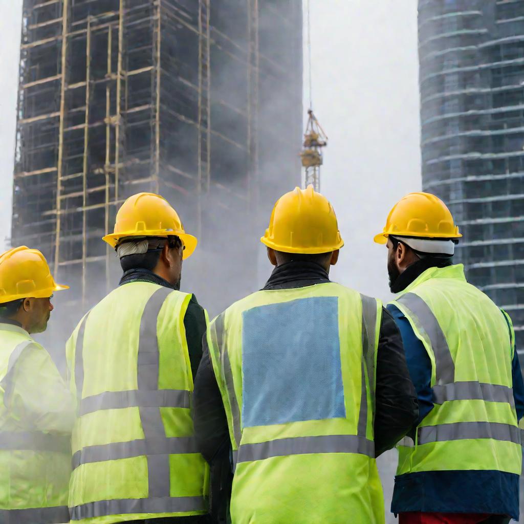 Технический директор консультируется со строителями на площадке небоскреба