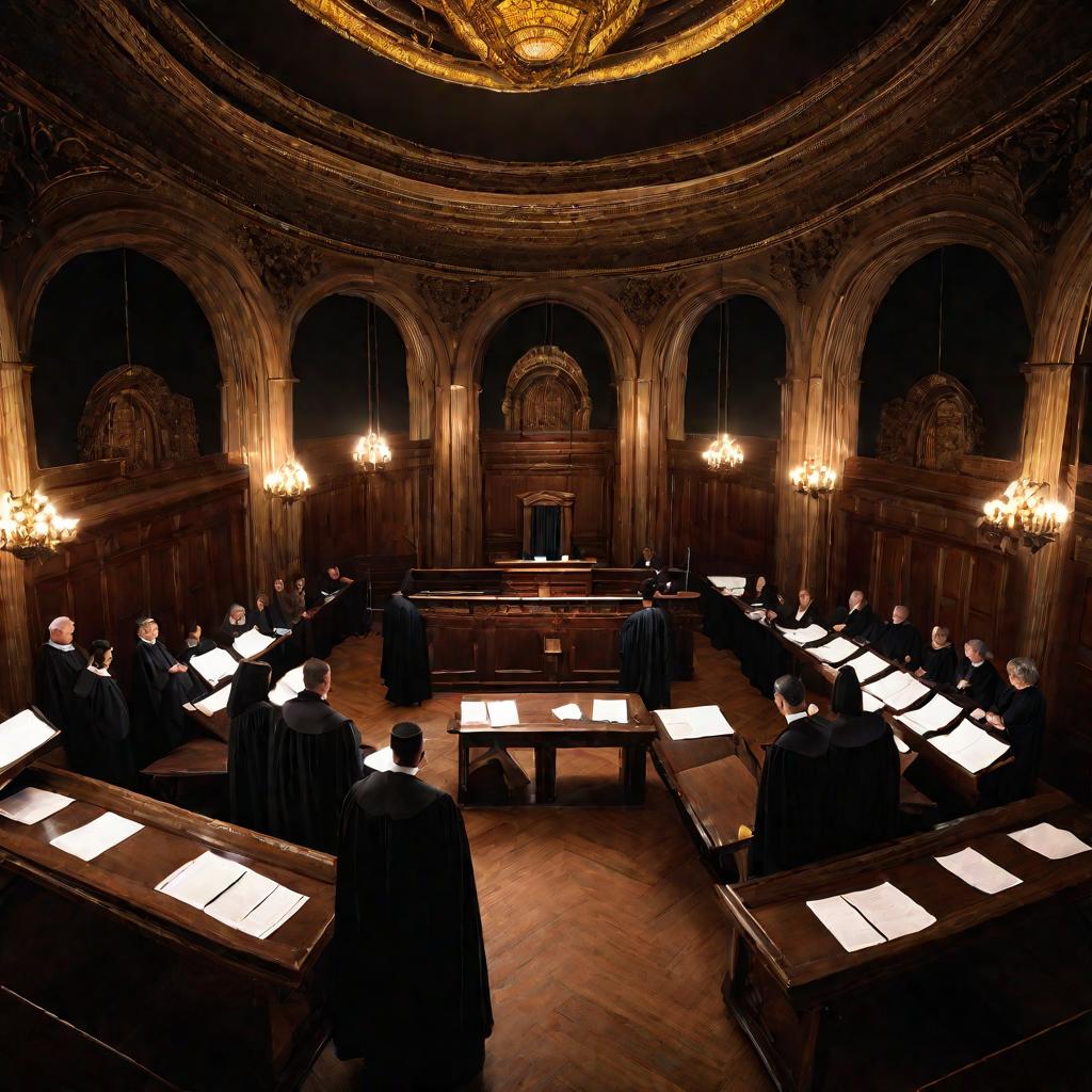 Старая красивая зала суда при точечном освещении, судьи в мантиях изучают бумаги