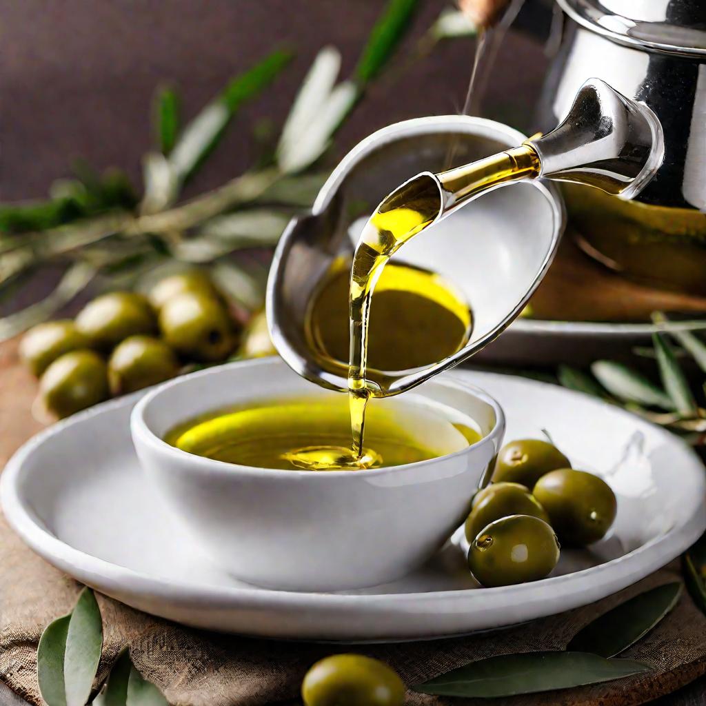 Льют оливковое масло в блюдо