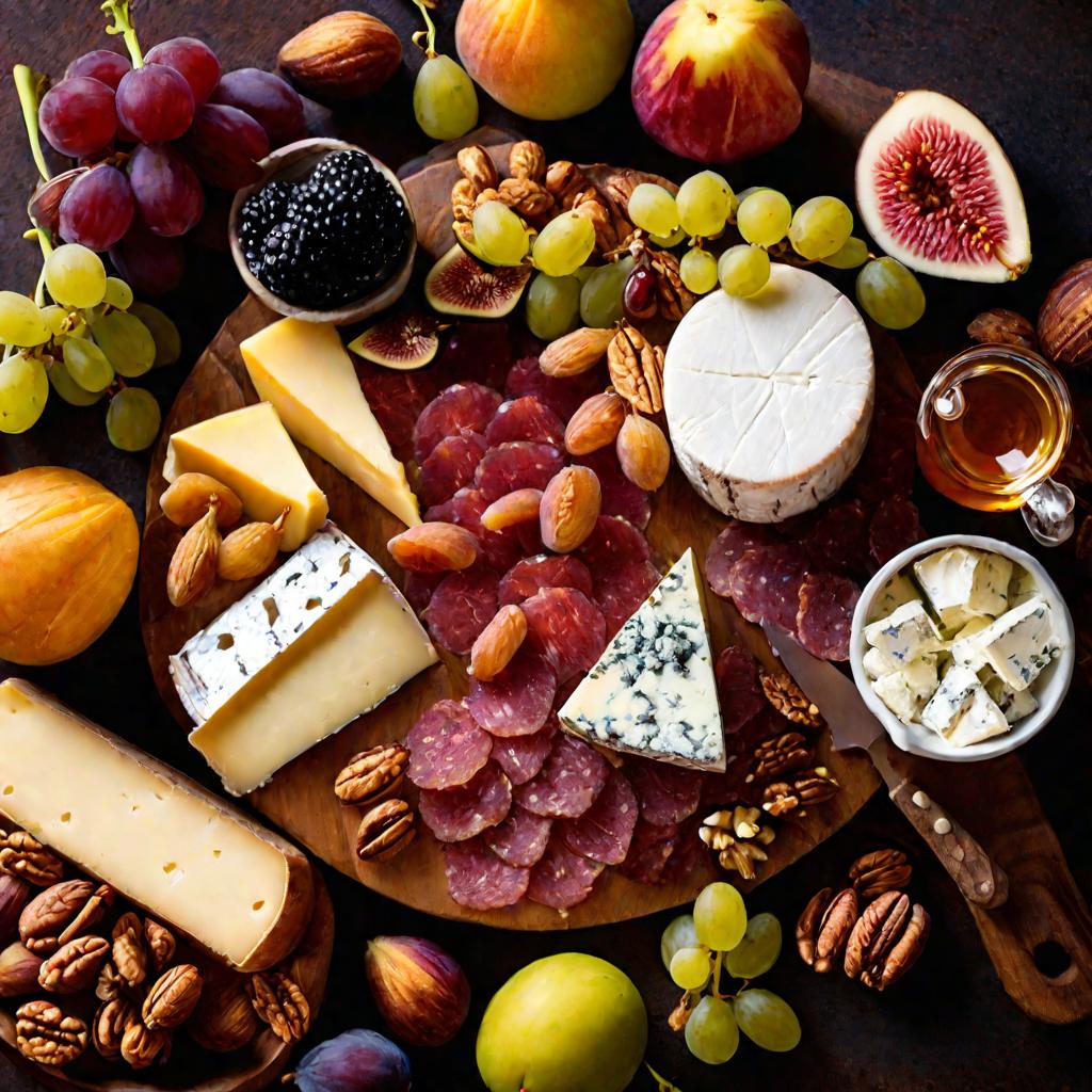 Деревянная доска с козьими сырами, фруктами, орехами и медом