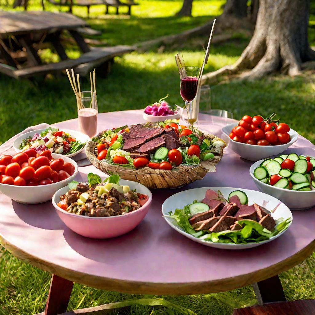 Пикник с салатами и закусками из сердца на свежем воздухе