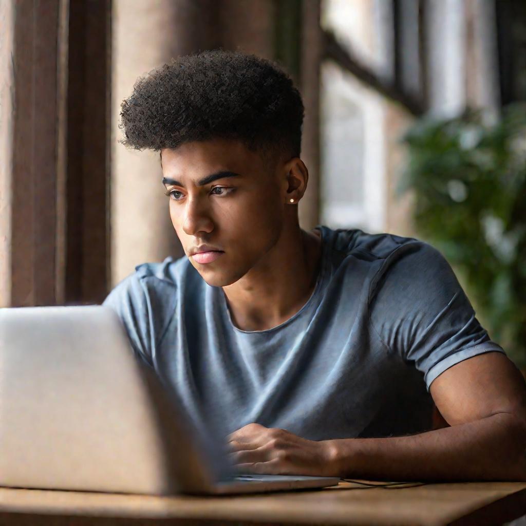 Молодой человек смотрит на экран ноутбука