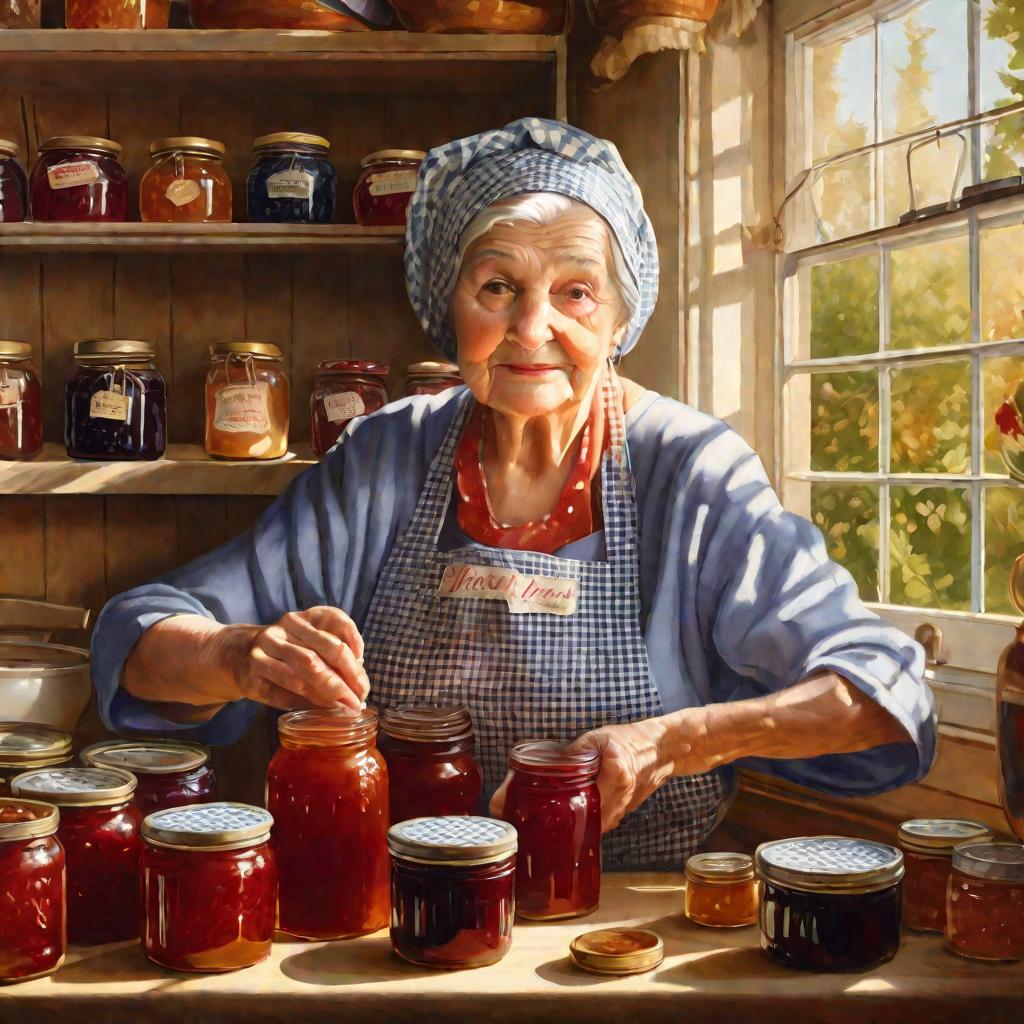 Портрет пожилой женщины в косынке этикетирует банки с домашним вареньем на кухне уютного коттеджа в теплых золотистых лучах послеполуденного солнца.