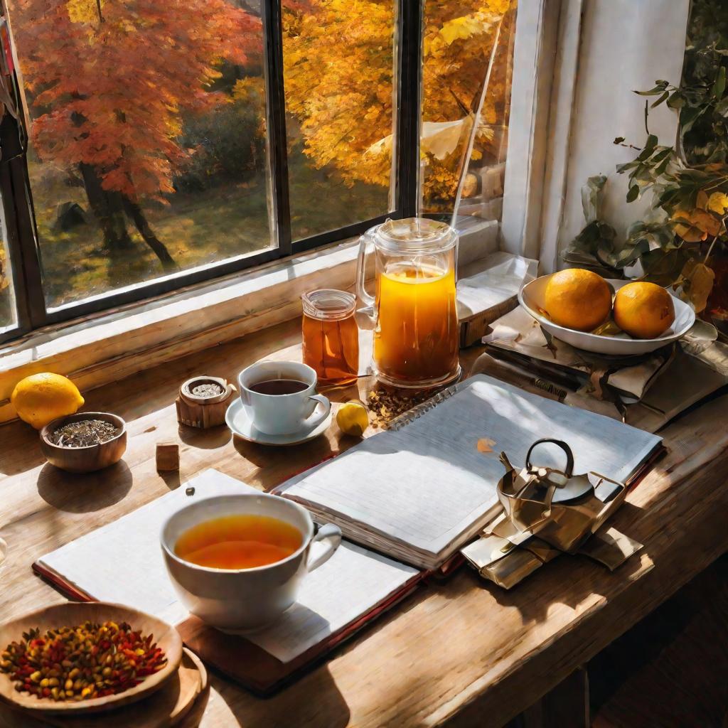 Яркая осенняя кухня с чашкой травяного чая, лекарствами от диареи и дневником питания на столе.