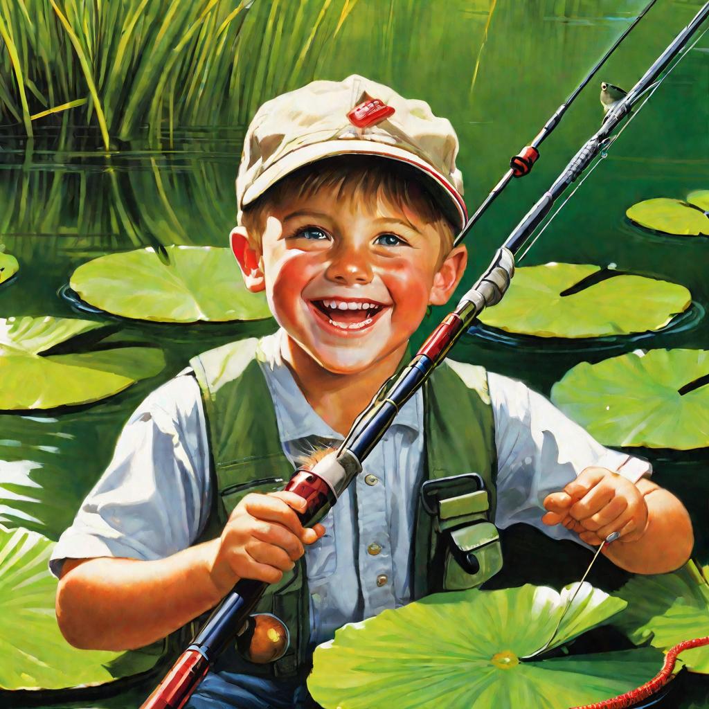 Мальчик радостно ловит рыбу удочкой с поплавком
