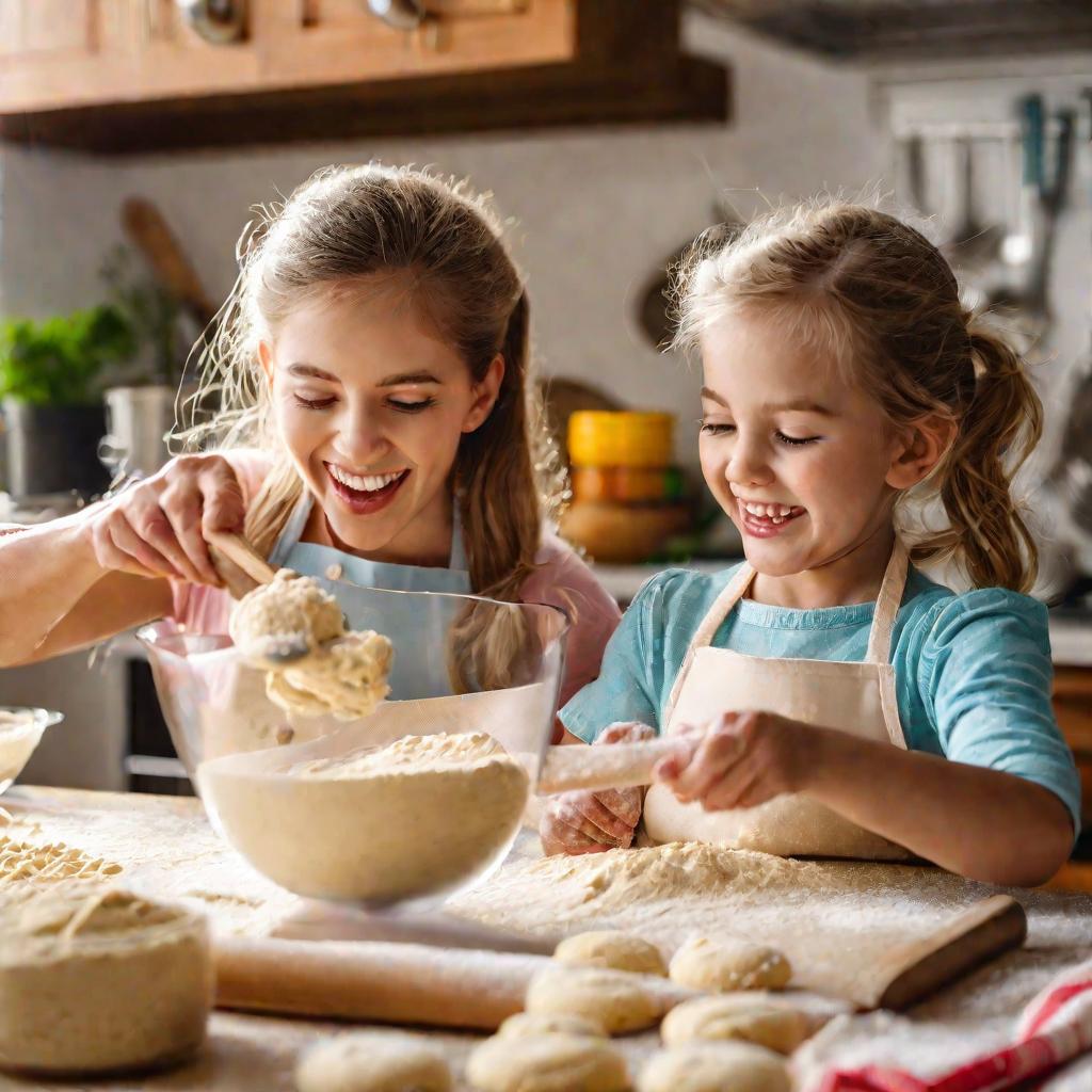 Портрет мамы с дочкой, готовящих печенье на кухне