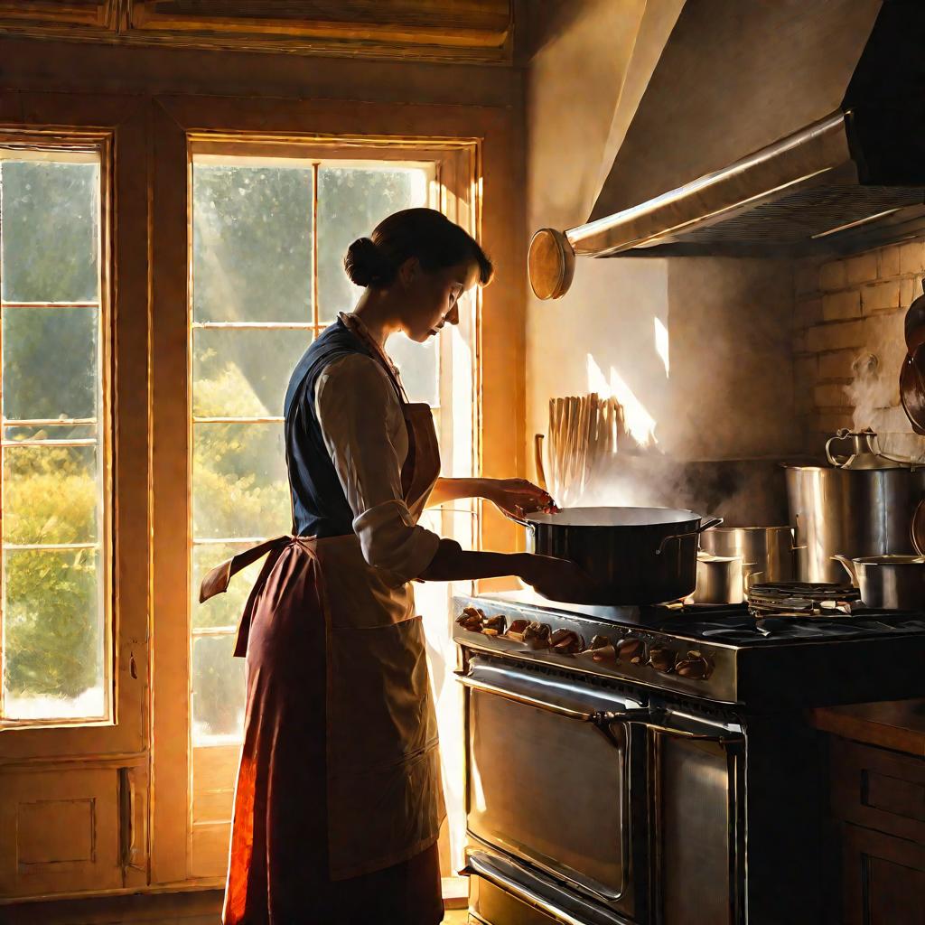 Женщина в фартуке стоит у плиты, осторожно помешивает большую кастрюлю с маринадом. Пар мягко поднимается, улавливая теплые лучи послеполуденного света из окна. Сцена вызывает умиротворяющее, ностальгическое настроение