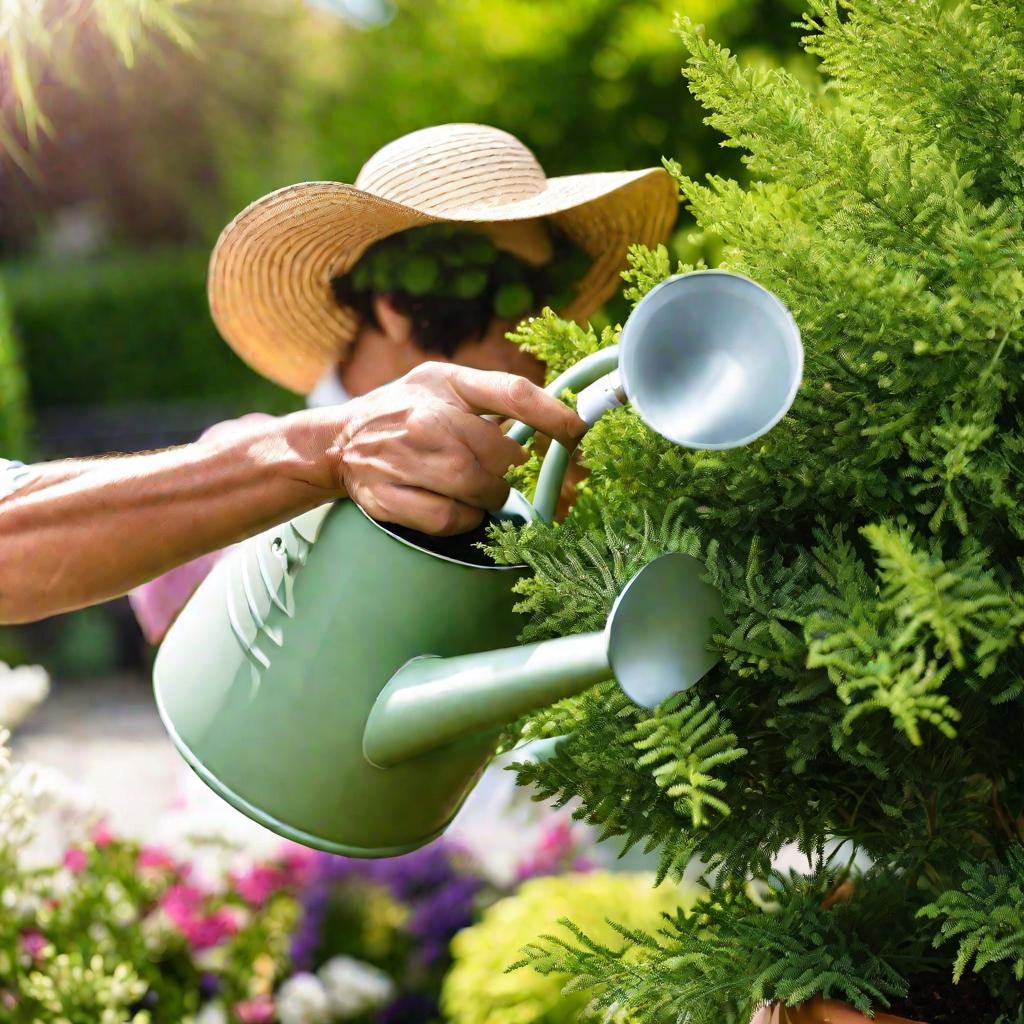 Садовник поливает горшочную тую из лейки в солнечный летний день