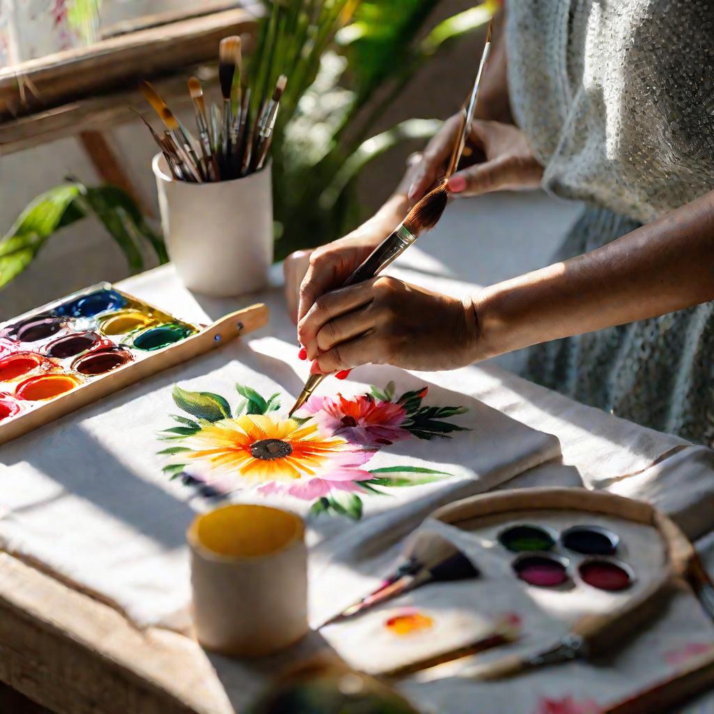 Руки художницы, рисующей цветы акриловыми красками на ткани