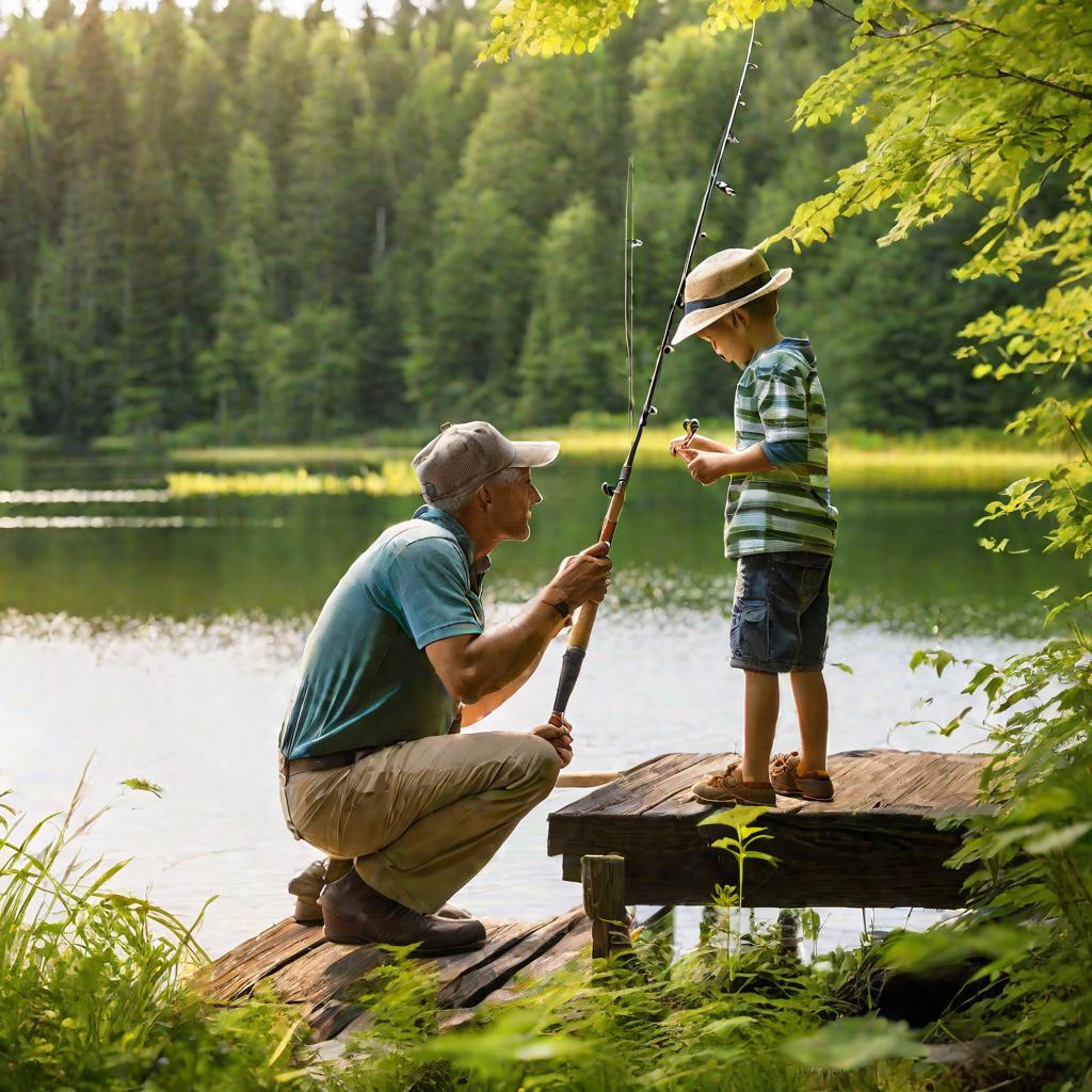 Широкий живописный вид озерного берега в солнечный летний день, где отец учит своего маленького сына ловить рыбу джигом со старого деревянного причала, уходящего в спокойное озеро, окруженное густым зеленым лесом. Отец стоит на коленях прямо за сыном, неж