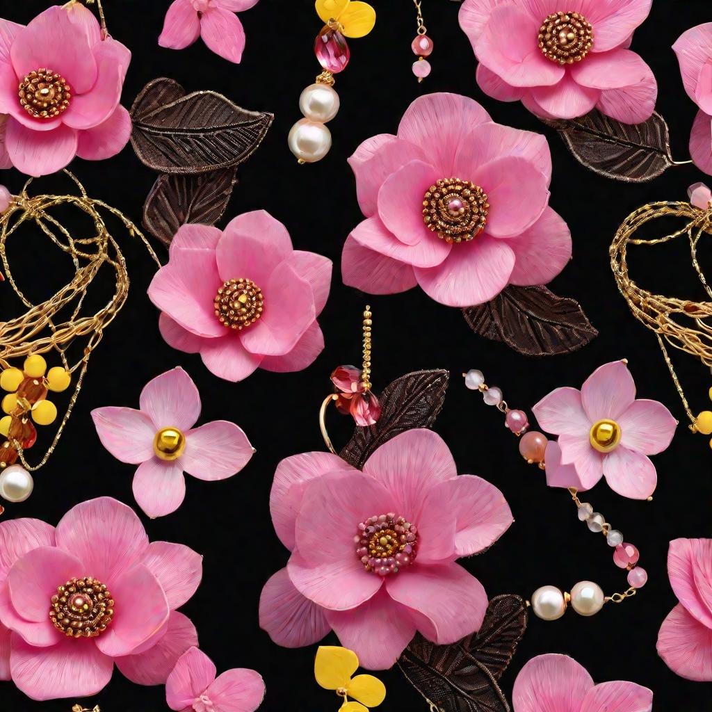 Макросьемка розовых бисерных цветочных серег на черном фоне. Фото 2: инструменты и материалы для изготовления серег. Фото 3: девушка в черном платье с бисерными серьгами.