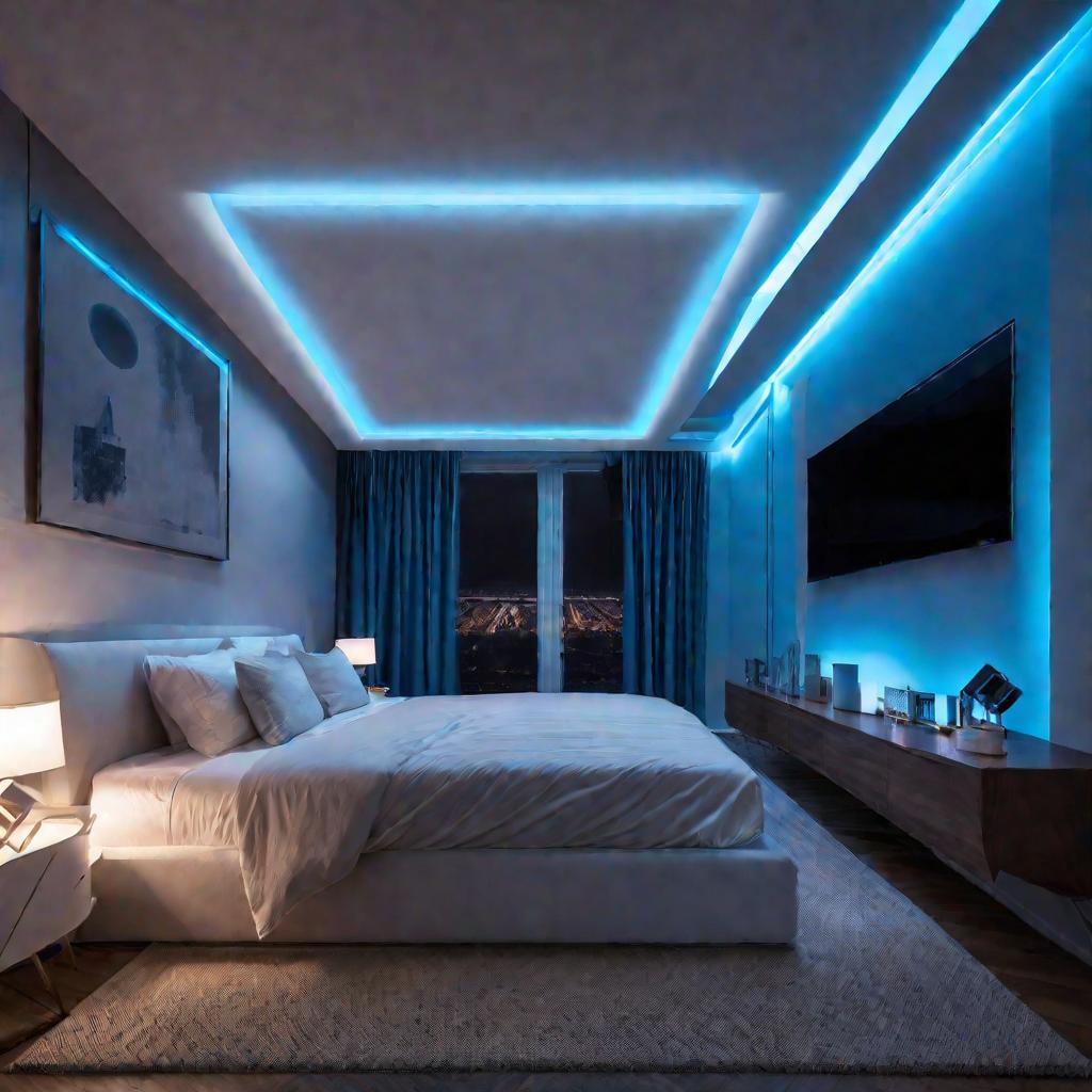 Спальня с двухуровневым натяжным потолком и синей подсветкой