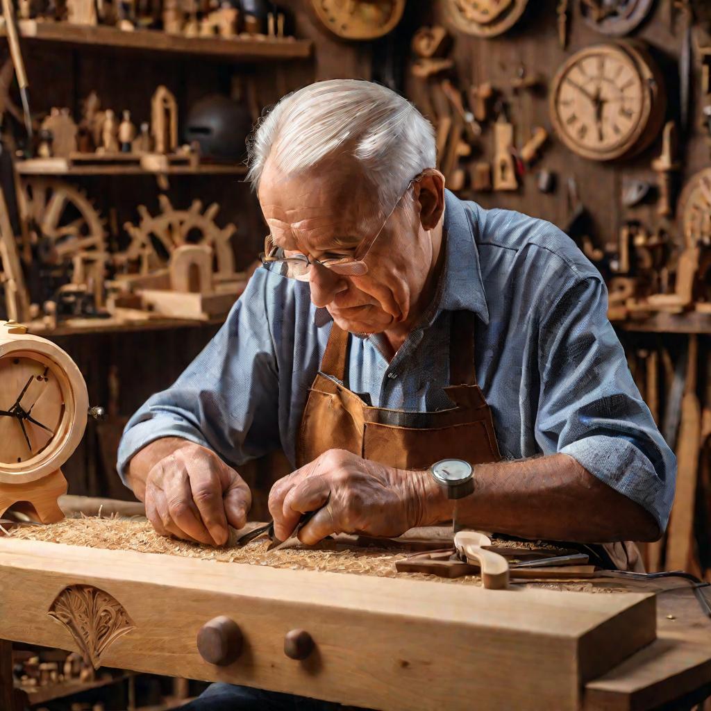 Дедушка в мастерской вырезает деревянные часы