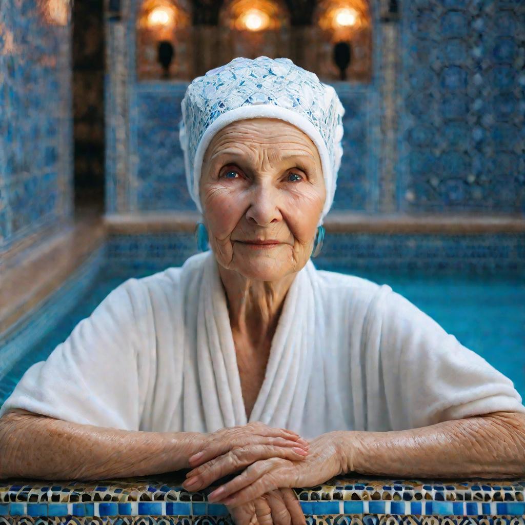 пожилая женщина выходит из бассейна с минеральной водой