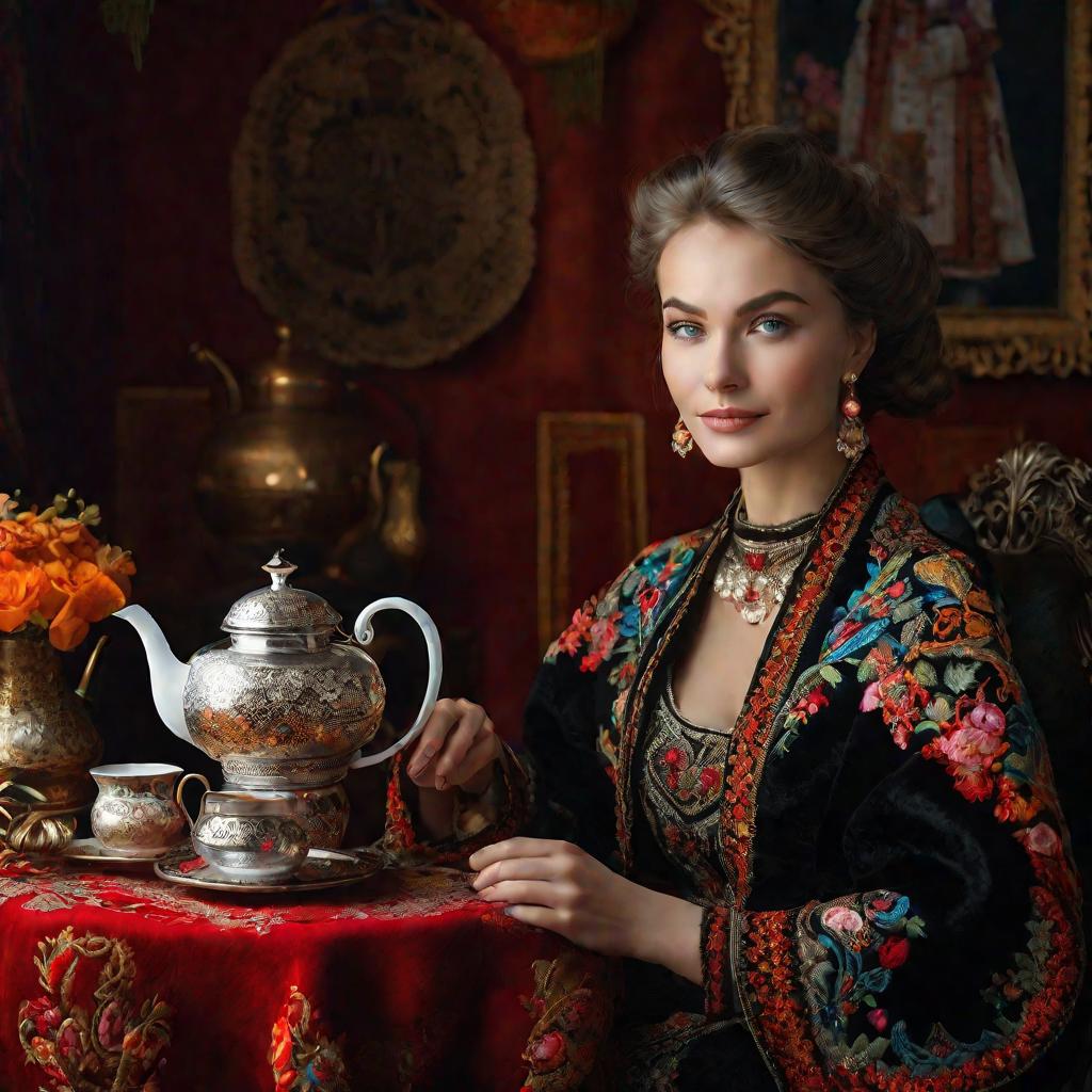 Портрет русской женщины в национальном костюме за чаепитием с самоваром и грелкой на чайнике