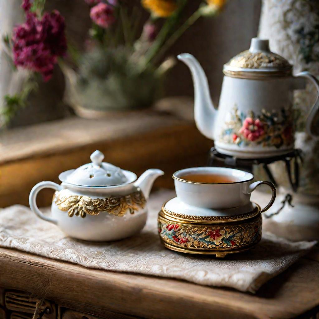 Рукодельная шитая грелка на чайнике на деревянном столе рядом с чашкой горячего чая
