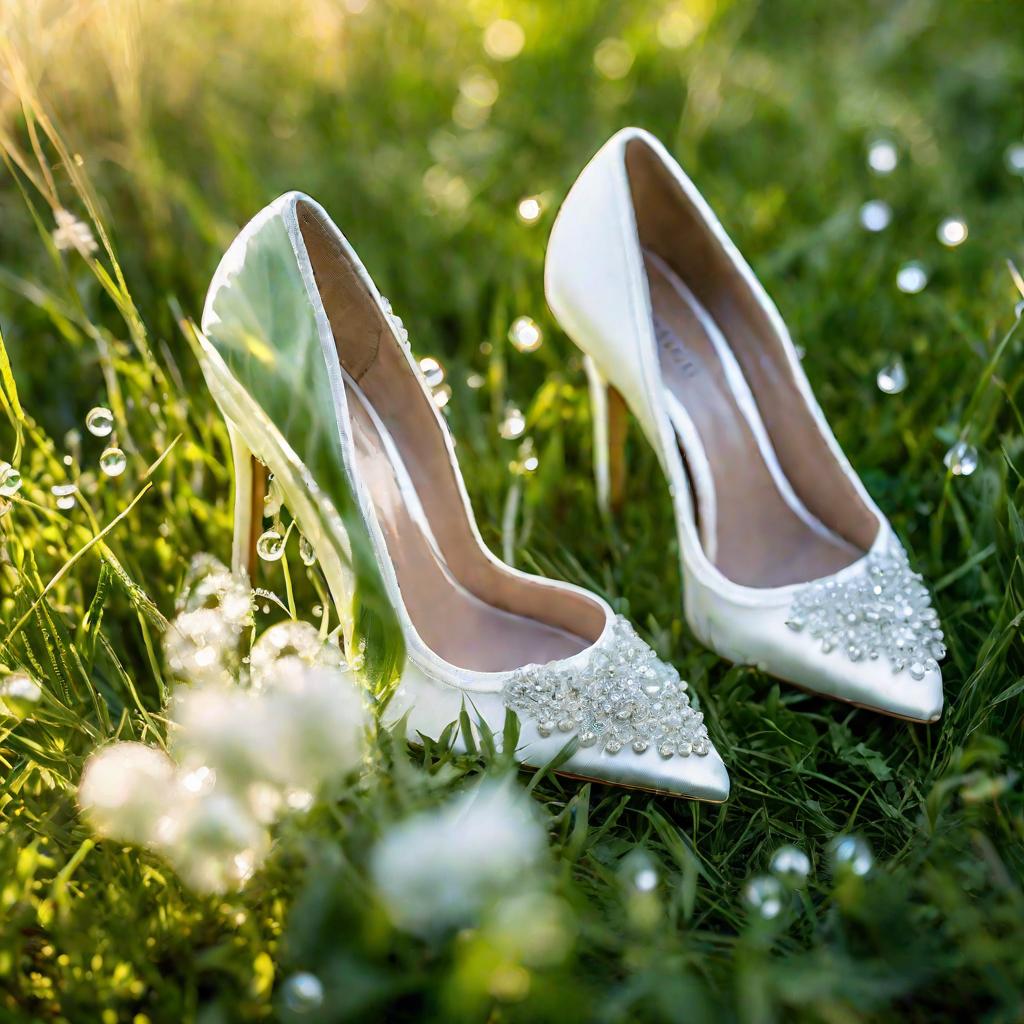 Изящные белые свадебные туфли с блестками на лугу.