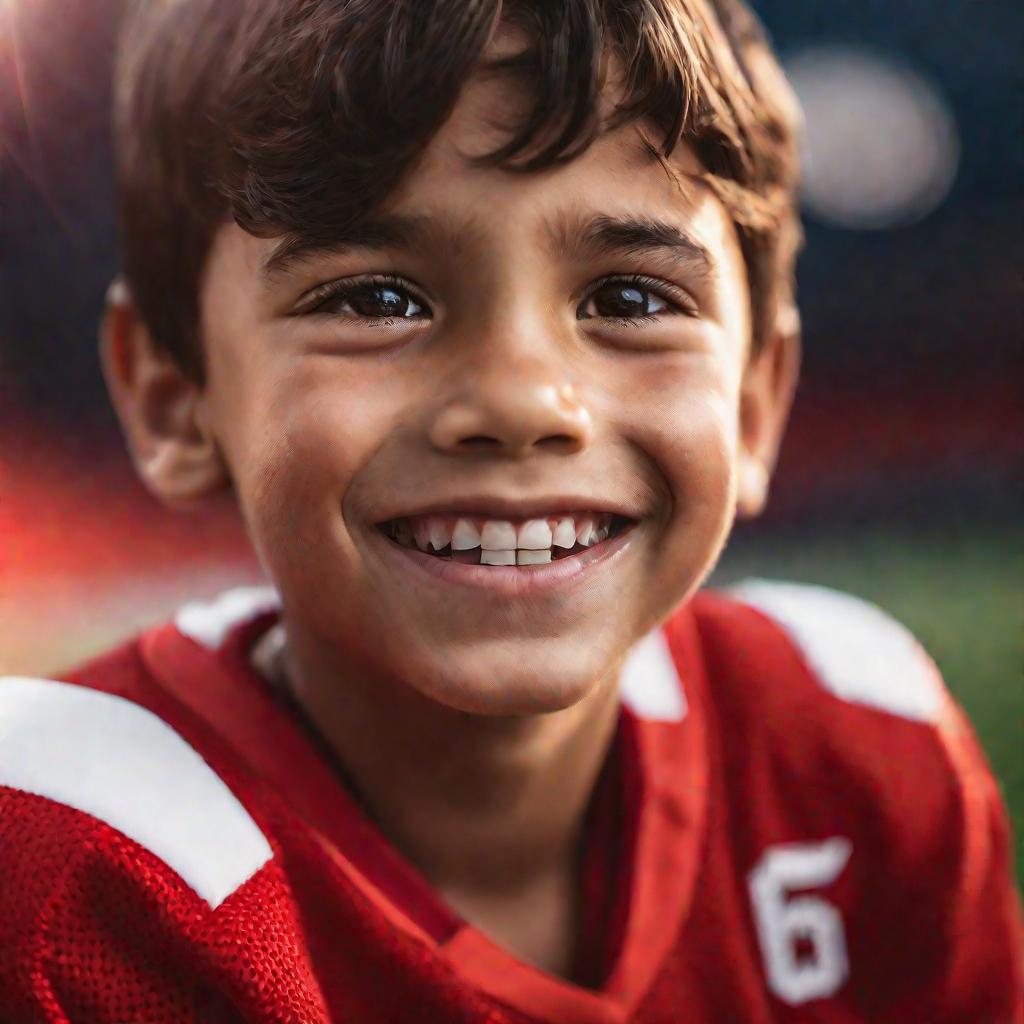 Близкий портрет улыбающегося мальчика в красной спортивной форме, готового принять участие в соревнованиях.