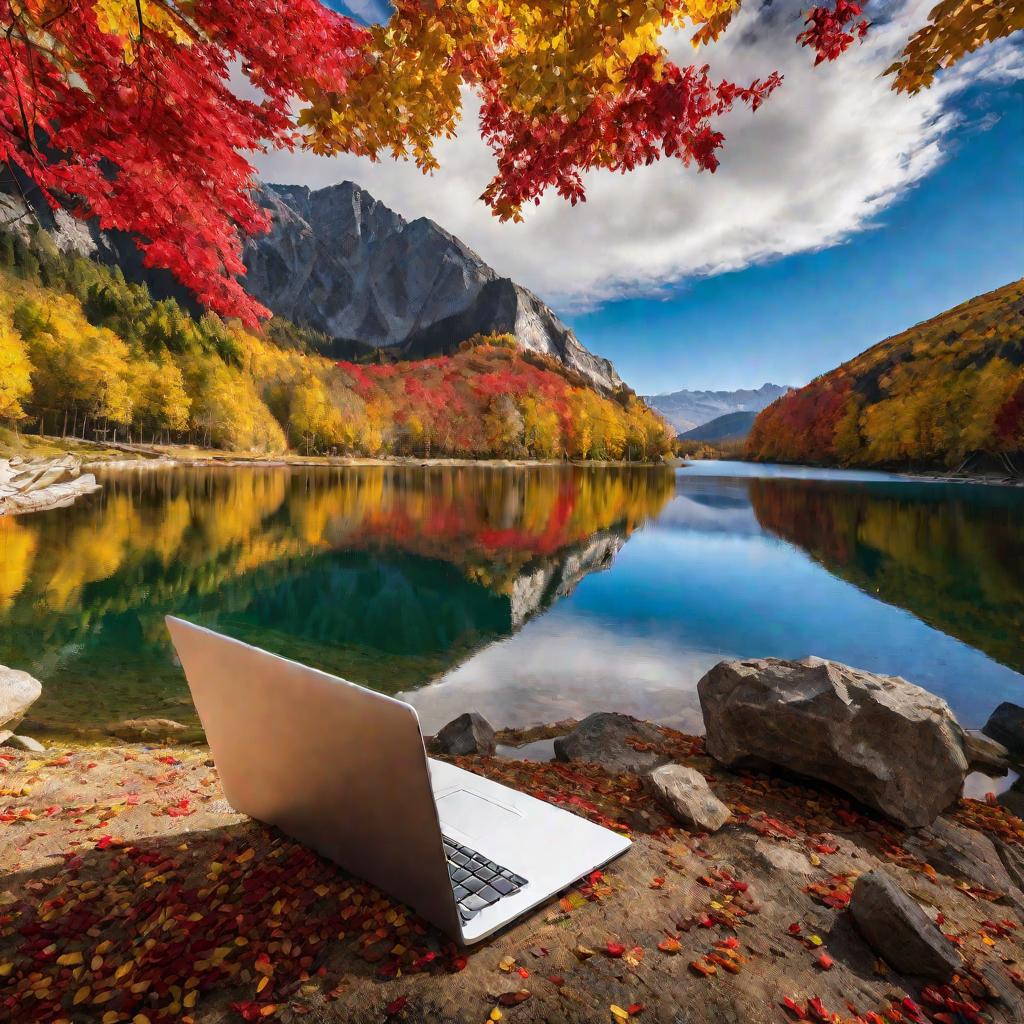 Живописный горный пейзаж осенью с деревьями в красных и желтых листьях, и озером, отражающим эти цвета. На переднем плане открыт ноутбук с интерфейсом редактора реестра Windows, где показаны ключи реестра, относящиеся к настройкам системы.