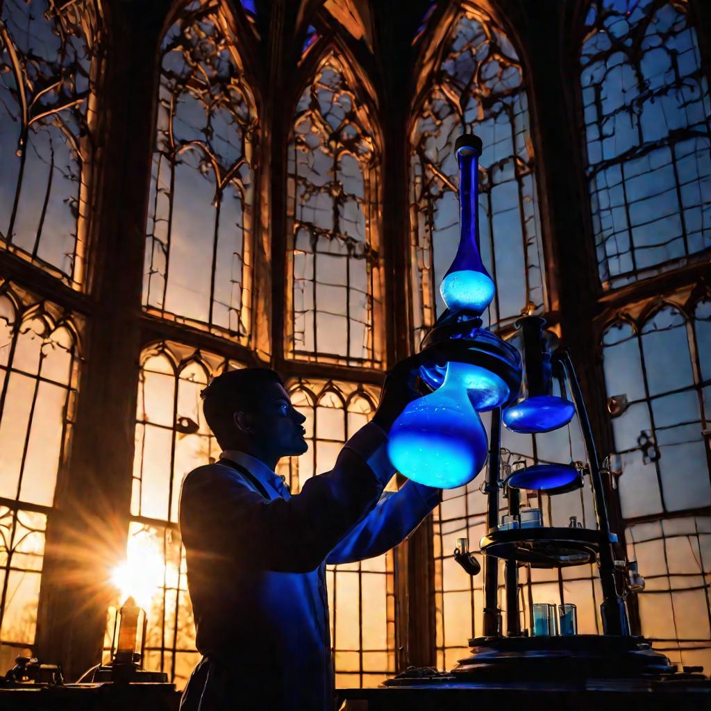 Химик держит колбу с голубой жидкостью в лаборатории