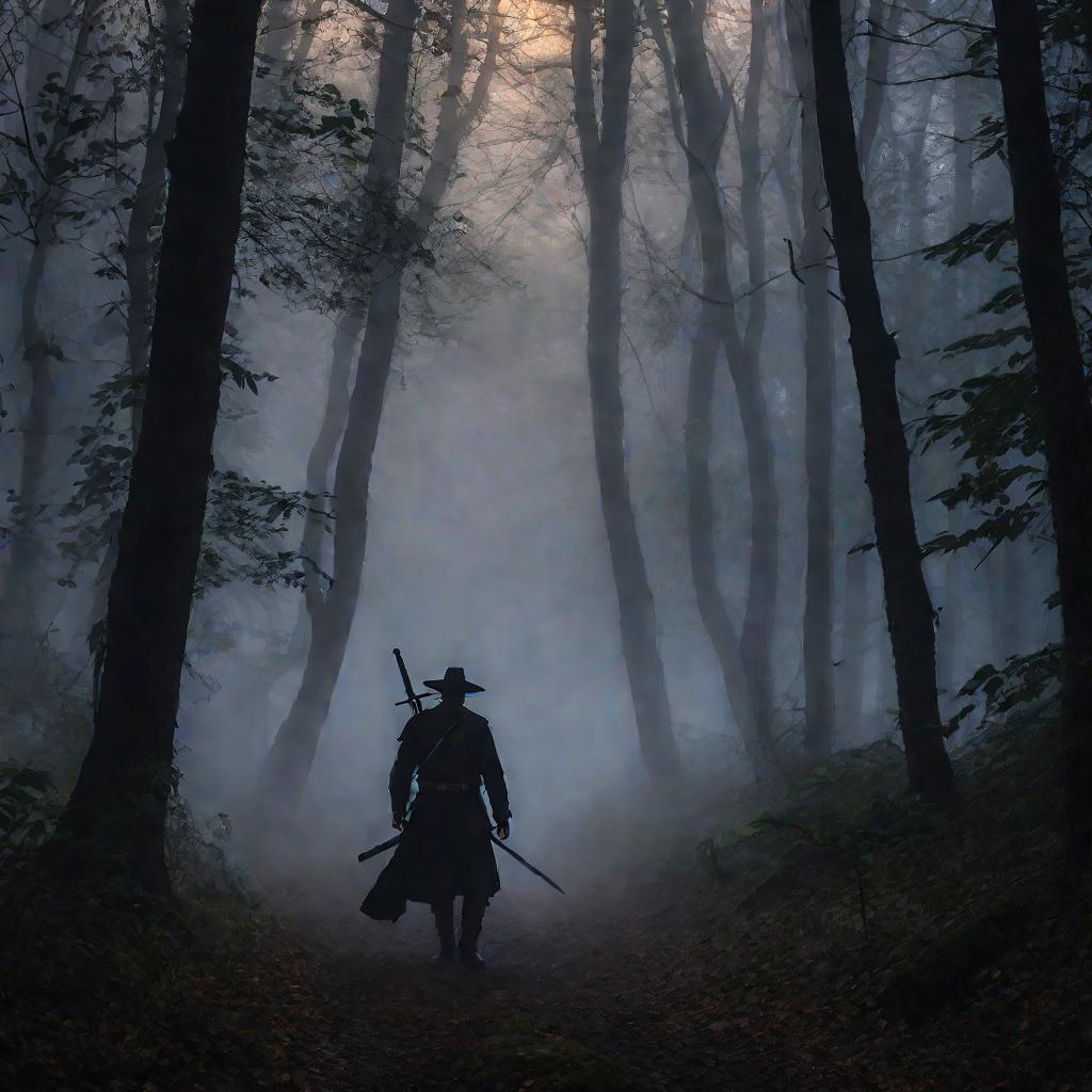 Мужчина с мечом идет по лесу на закате