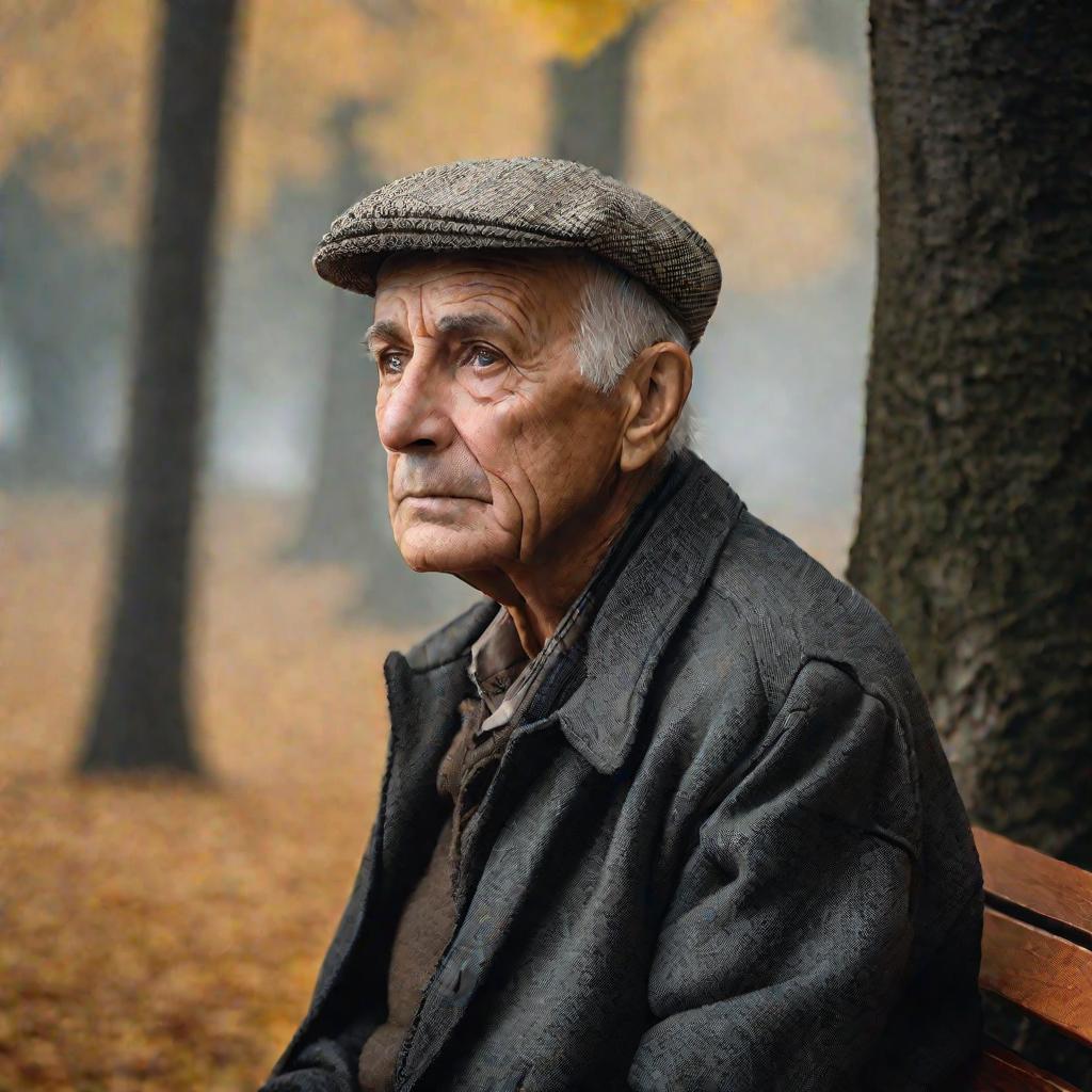 Пожилой человек с задумчивым видом сидит на скамейке в парке в туманное утро.