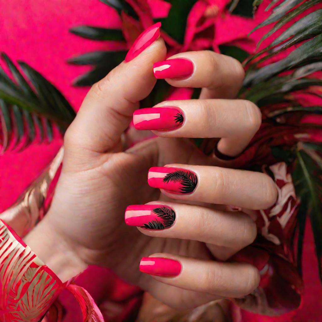 Крупный кадр женщины, держащей руки, чтобы продемонстрировать короткие квадратные ногти темно-красного цвета. На ногтях миниатюрные яркие неоновые рисунки тропических мотивов: ананасы, пальмы и фламинго. Фон черный.