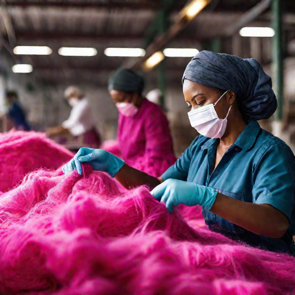 Работница текстильного производства с тканью, окрашенной анилиновыми красками