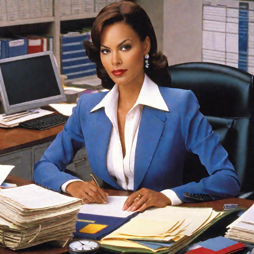 Крупный план портрета женщины-секретаря, сидящей за офисным столом и работающей на компьютере. Она одета очень официально в синий костюм и белую блузку. У нее внимательное выражение лица, сосредоточенное на задаче. На столе аккуратные стопки документов, к