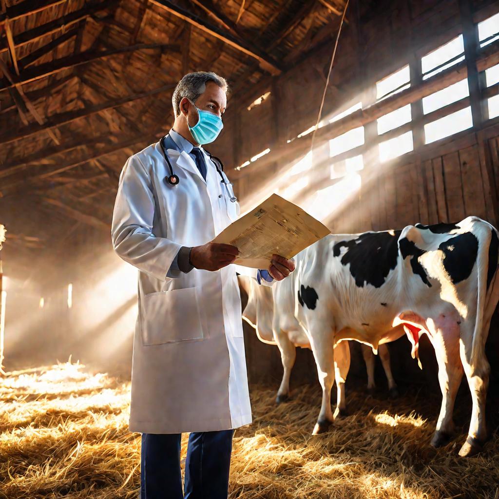 Ветеринарный врач держит в руках ветеринарное свидетельство и осматривает корову в хлеву