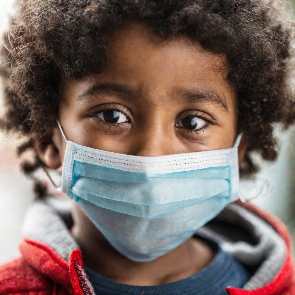 Ребенок в маске с хроническим кашлем от загрязнения воздуха