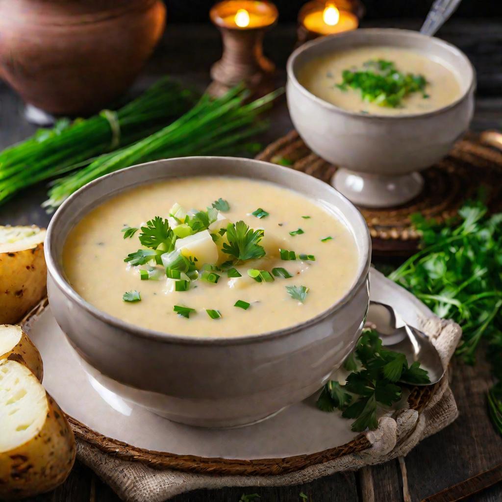 Домашний картофельный суп, аппетитно парящий в глиняной миске на обеденном столе при свечах
