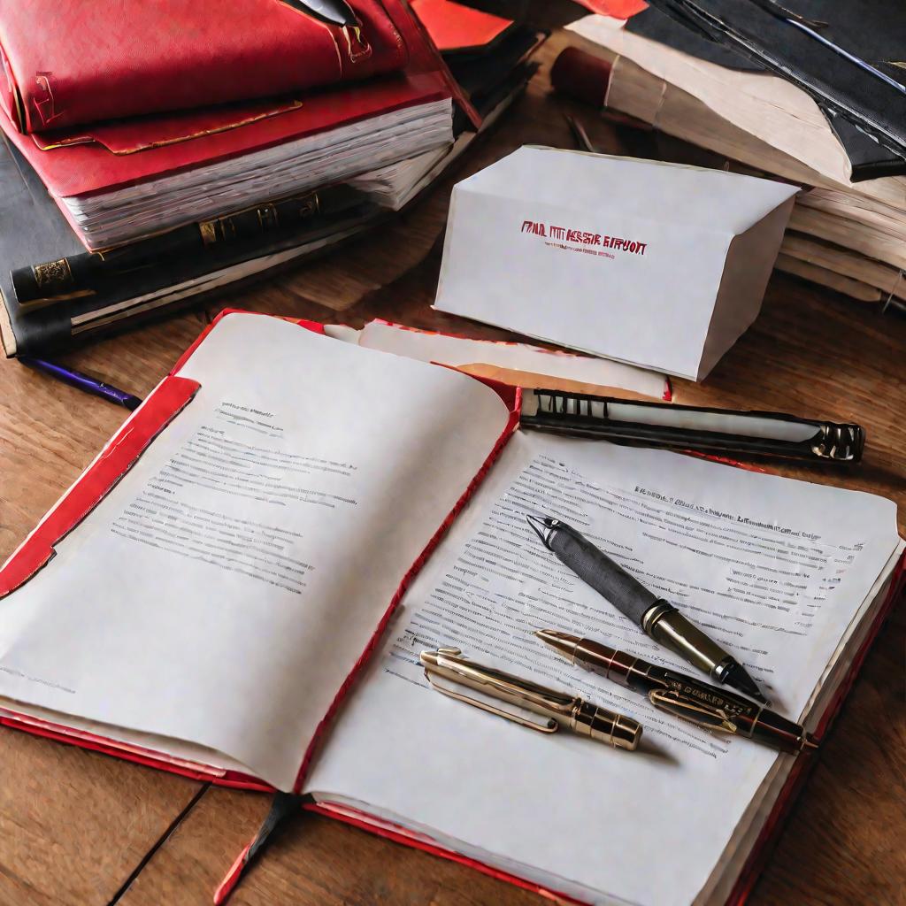 Близкий кадр отчета о дипломной работе на столе с записями в блокноте и ручками вокруг, показывающий напряженную работу