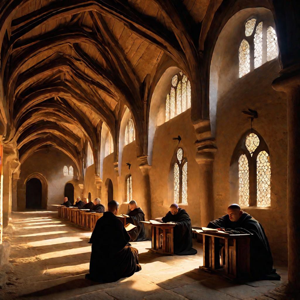 Внутри средневекового монастыря монахи в рясах сидят за деревянными столами и читают древние фолианты при свете свечей. Каменные стены, сводчатые потолки и узкие окна создают мрачноватое, созерцательное настроение. Сквозь окна проникают лучи солнца, освещ