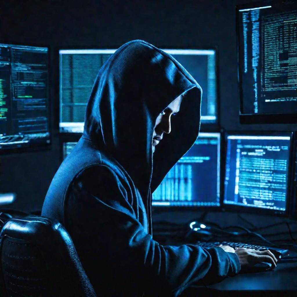 Портрет хакера в темной комнате, освещенный синим светом от мониторов