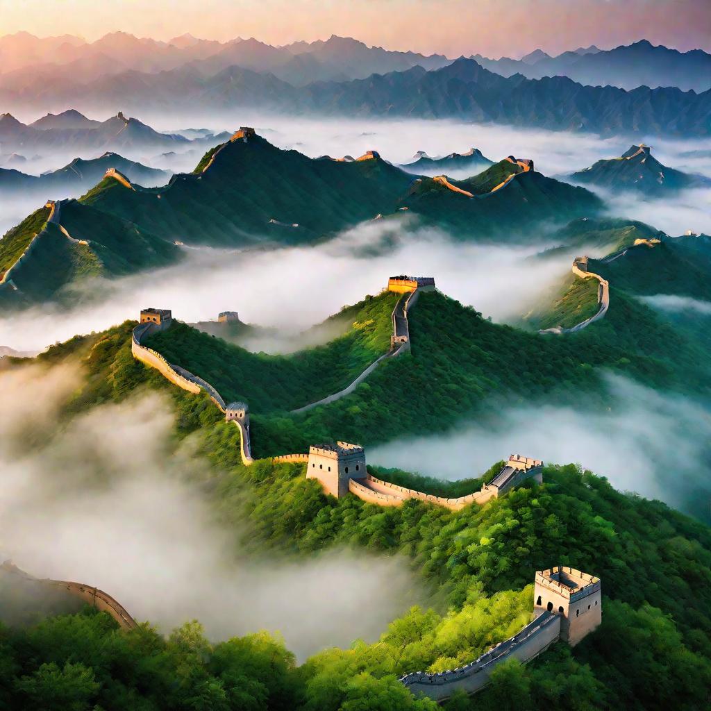 Великая Китайская стена на фоне зеленых гор в утреннем тумане.
