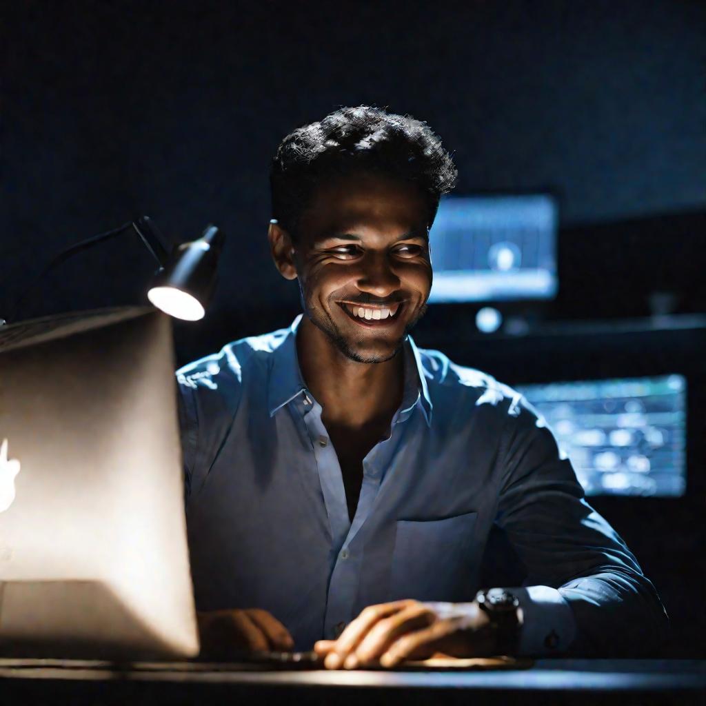 Крупным планом портрет улыбающегося мужчины за компьютером в темноте. Он в глубокой задумчивости изучает сложные светящиеся графики.