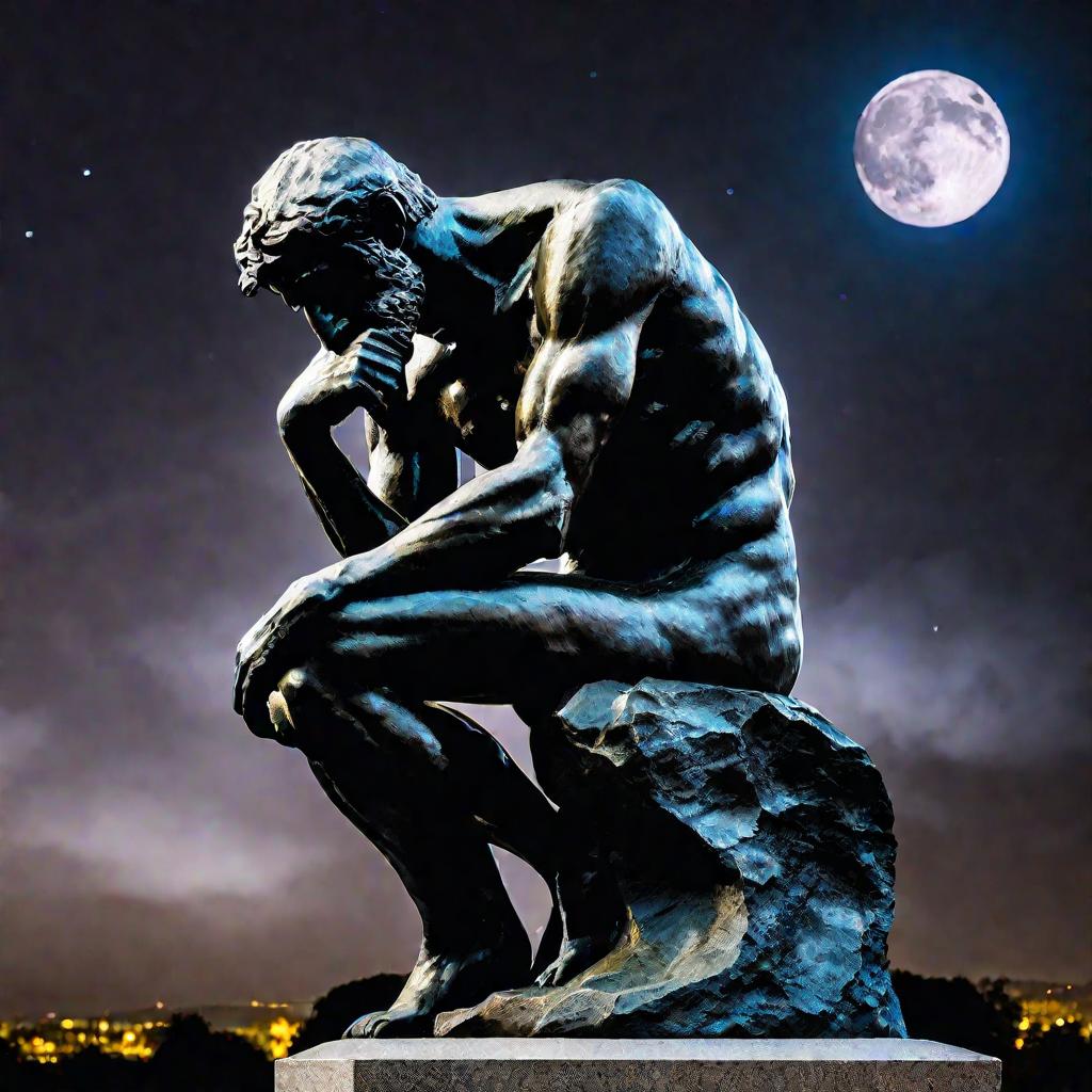 Скульптура Родена «Мыслитель» ночью при лунном свете