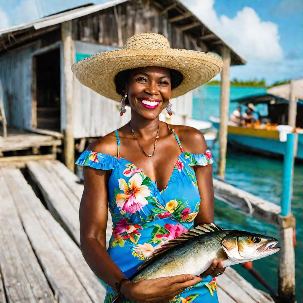 Крупный план портрет улыбающейся местной жительницы Багам в ярком цветочном платье и соломенной шляпе, держащей только что пойманную рыбу на причале рыбацкой деревушки.
