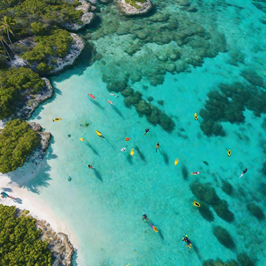 Вид сверху на людей, занимающихся сноркелингом в прозрачных бирюзовых водах, полных разноцветных рыб и коралловых рифов у побережья пляжа Багамских островов.