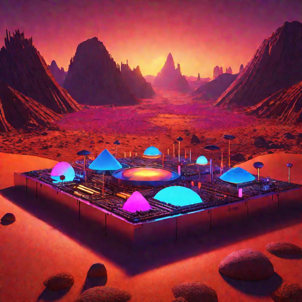 Концептуальный пейзаж, изображающий основные концепции модульного программирования в виде светящихся 3D блоков, разбросанных по духовной пустыне в золотой час на закате. Разнообразные по форме модули светятся яркими неоновыми цветами, пульсируя и излучая 