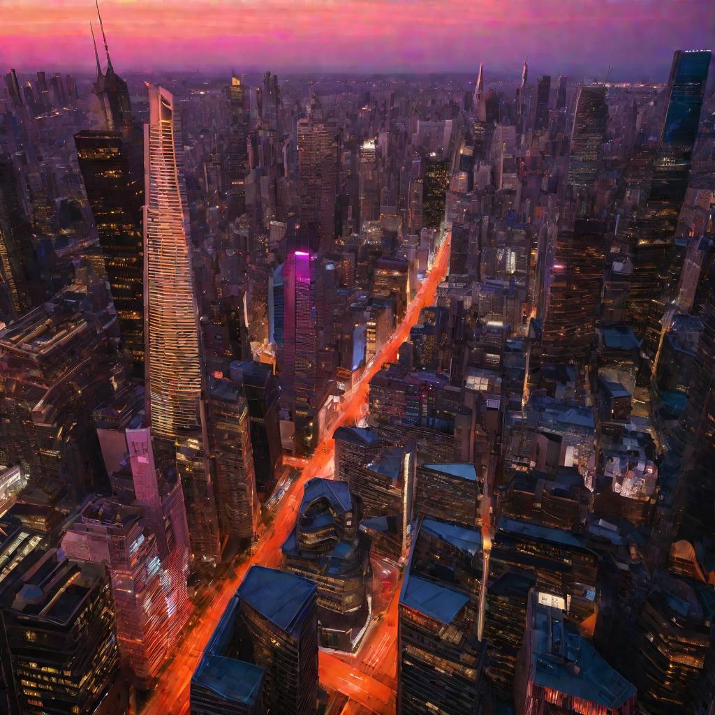 Закат над современным городом с небоскребами