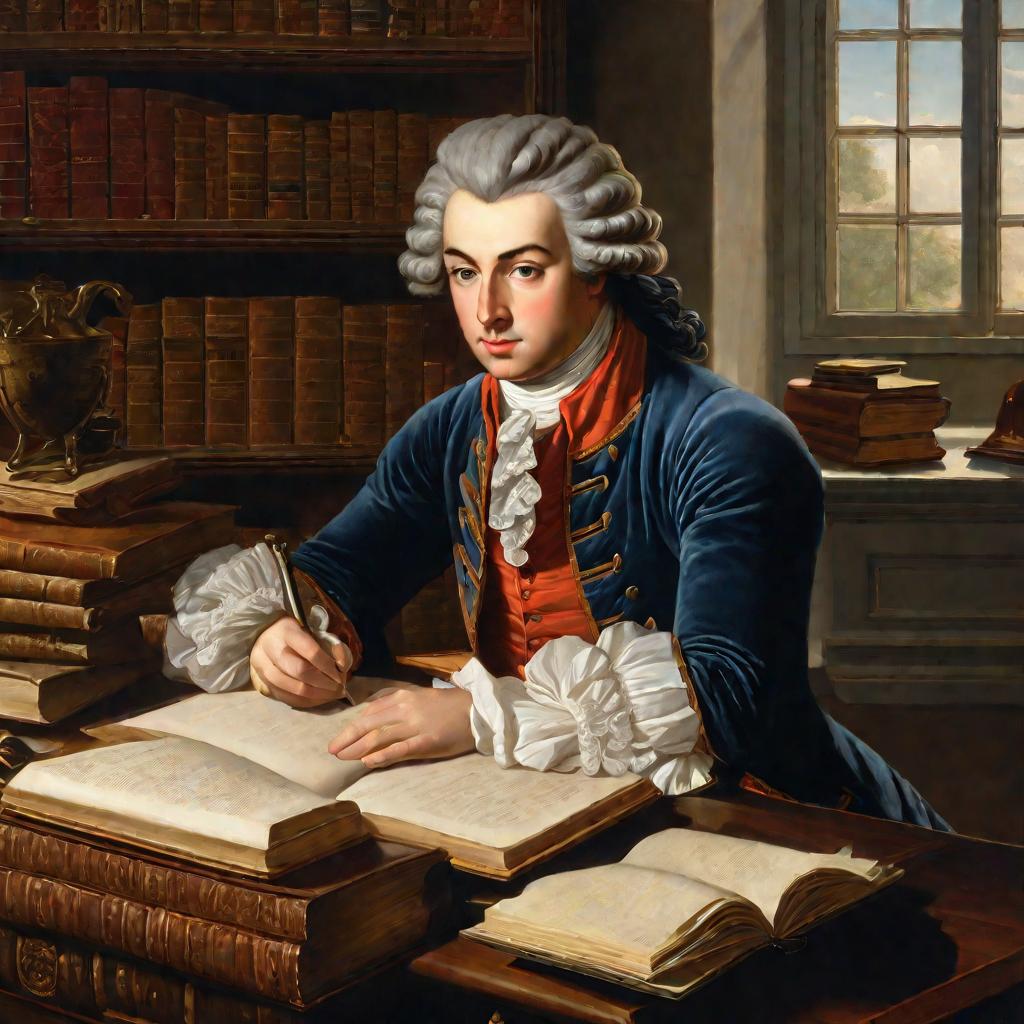 Молодой человек в одежде 18 века, пишет пером за столом