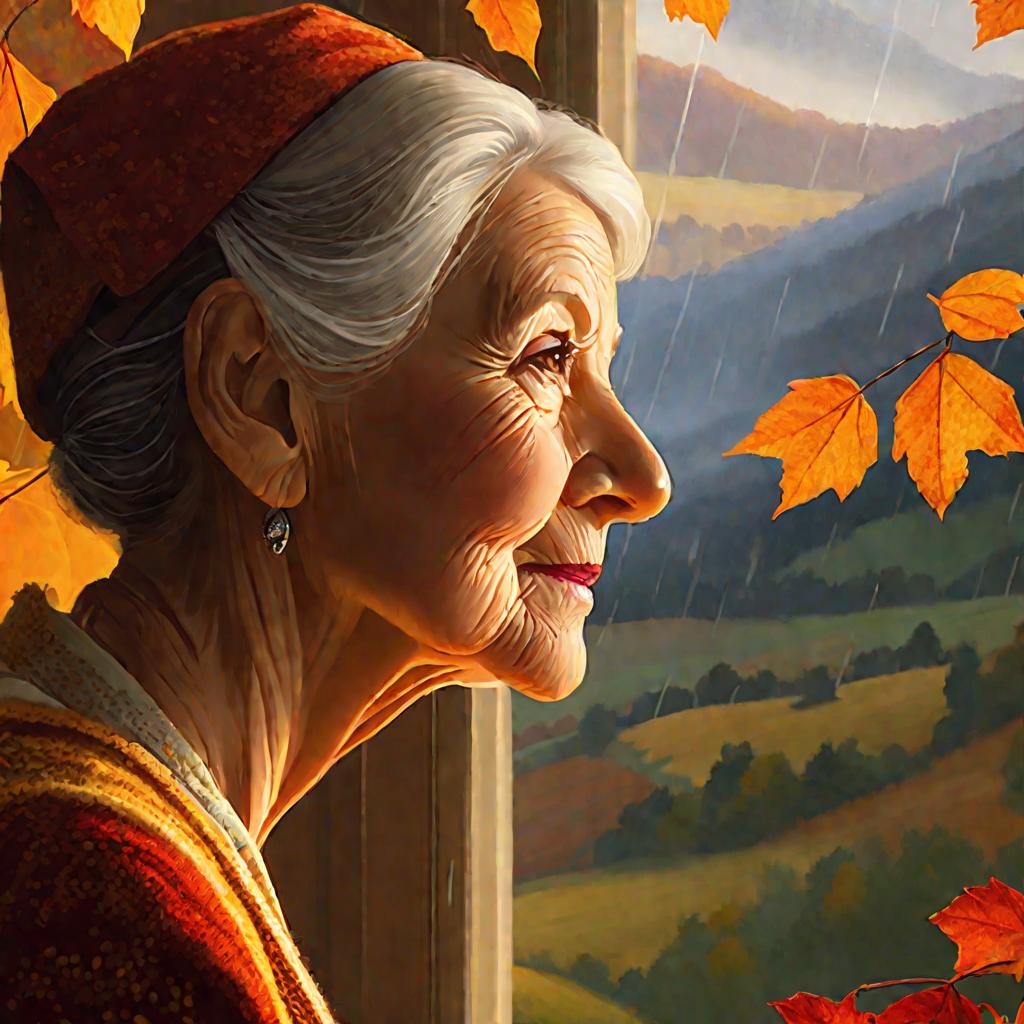 Пожилая женщина смотрит в окно на рассвете