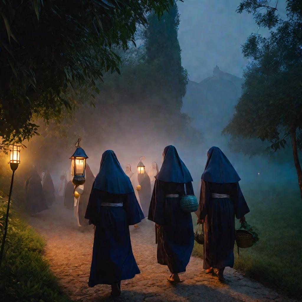 Монахи идут с фонарями перед монастырем в сумерках