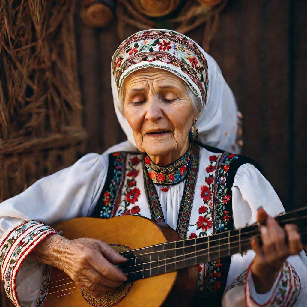 Портрет пожилой русской женщины поет под балалайку