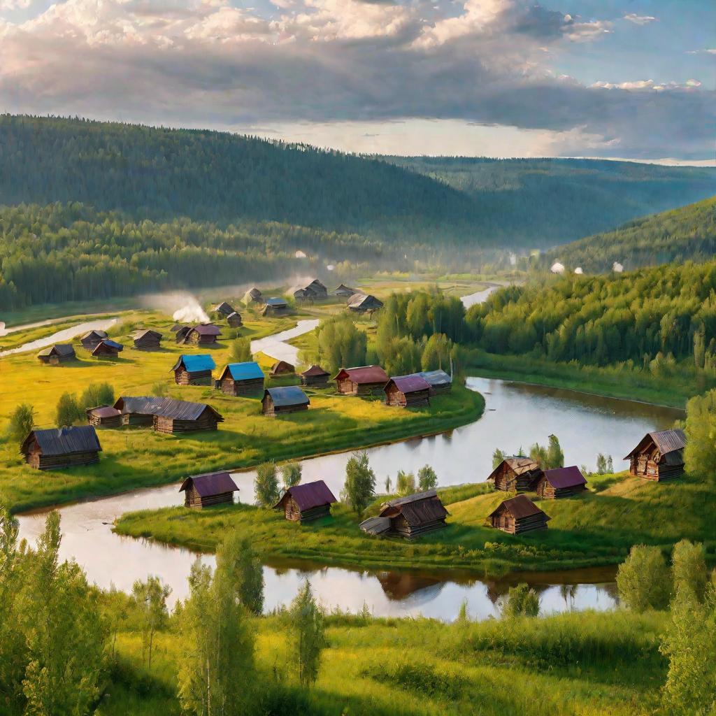 Русская деревня летом с покосом на лугу