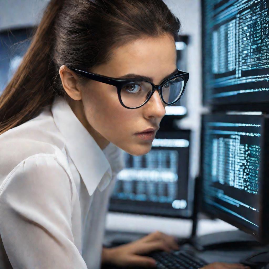Портрет сосредоточенной сотрудницы, работающей на компьютере.